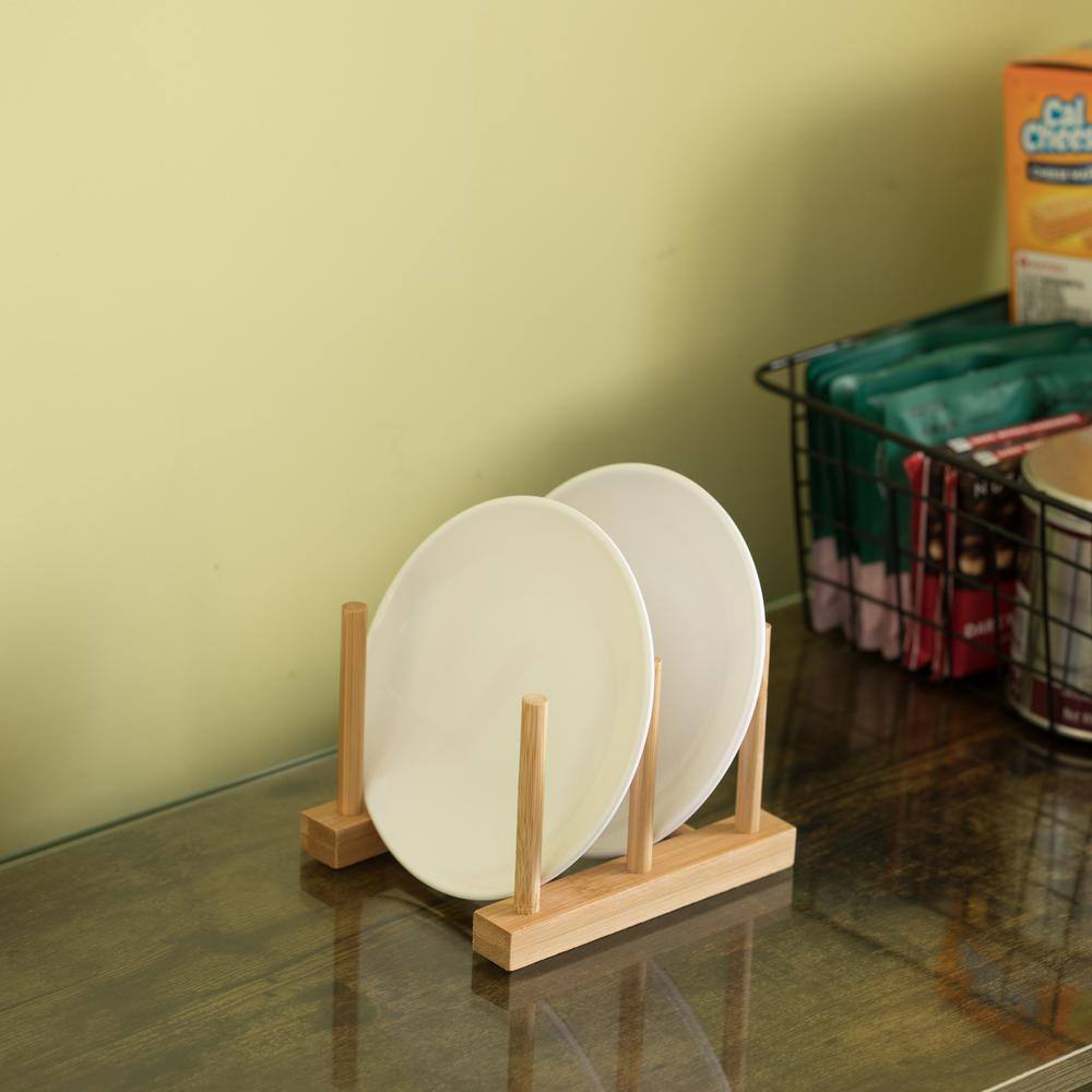 Set of 2 Bamboo Wooden Dish Drainer Rack with 2 Grids