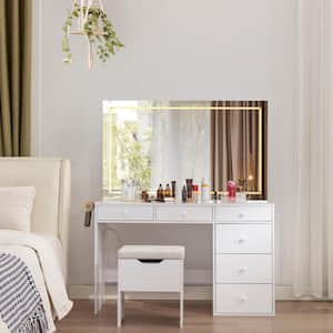 Vanity Set with LED Lighted Mirror and Power Outlet, 2-Piece White Makeup Vanity Set Drawers, Cabinet and Storage Stool