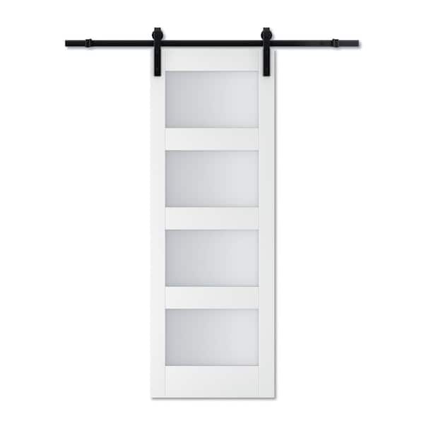 ARK DESIGN 30 in. x 84 in. 4-Lite Tempered Frosted Glass White Prefinished MDF Sliding Barn Door with Hardware Kit and Soft Close