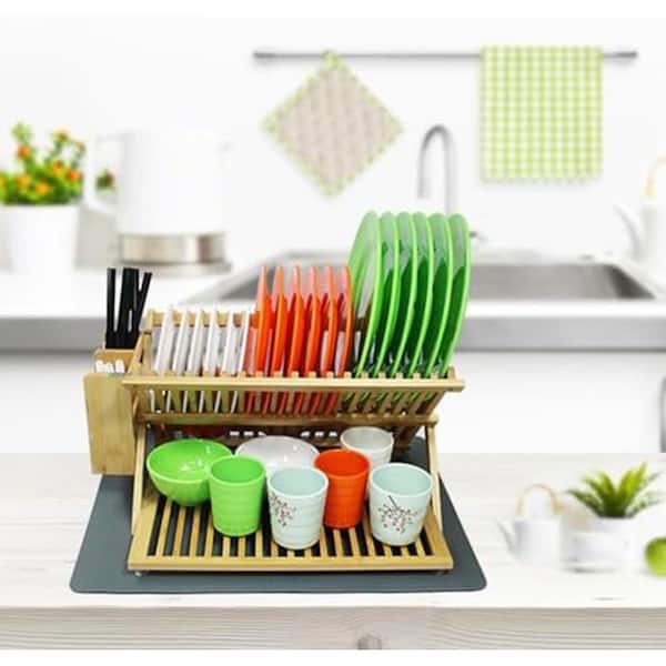 Natural Bamboo 3-Tier Collapsible Dish Rack with Utensil Holder Large Folding Dish Drainer with Drying Mat