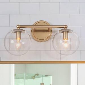 Modern Globe Bathroom Vanity Light 2-Light Brass Gold Round Powder Room Wall Sconce Light with Clear Glass Shades