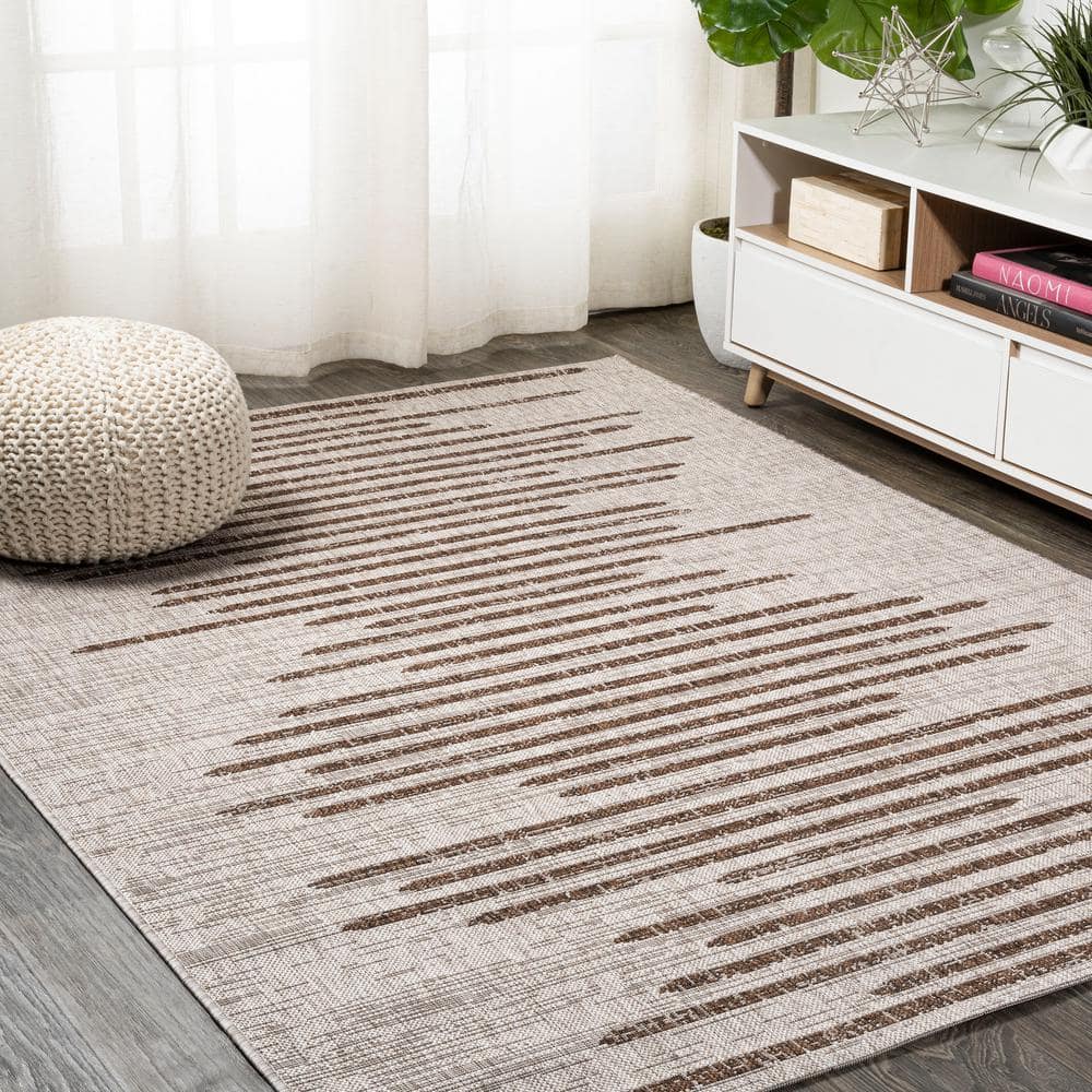 Beige and Brown Stripe Synthetic Indoor/Outdoor Area Rug