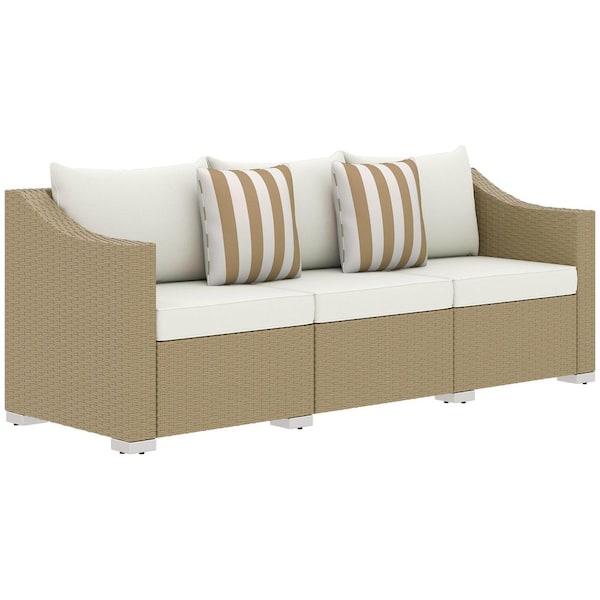 Outsunny Natural Tone Wicker Outdoor Couch with Cream White Cushions
