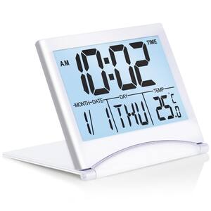 Digital Travel Alarm Clock with Backlight - Foldable Calendar and Temperature and Timer LCD Clock