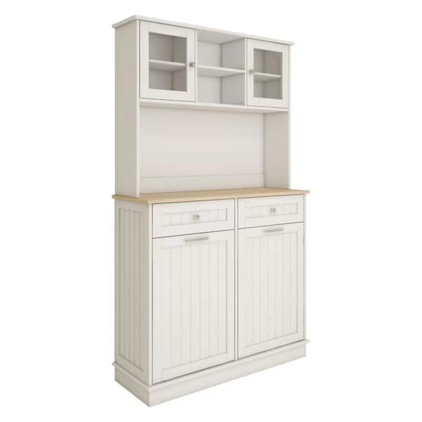 40 in. W x 14 in. D x 68 in. H White Linen Cabinet Tall Kitchen Trash Can Storage with Shelves, Tilt Out Trash
