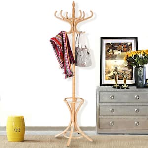 Natural Wooden Standing Coat Rack Tree with 12 Hooks and Umbrella Stand