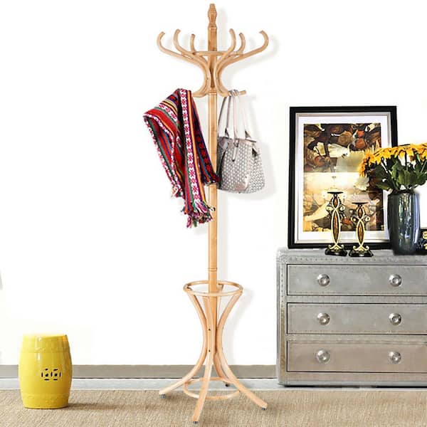 Clihome Natural Wooden Standing Coat Rack Tree with 12 Hooks and Umbrella Stand