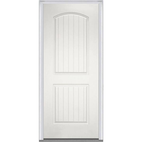 MMI Door 36 in. x 80 in. Left-Hand Outswing 2-Panel Arch Planked Primed White Fiberglass Smooth Severe Weather Prehung Front Door