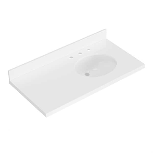 ARIEL 43 in. W x 22 in. D in Pure White Quartz with 1.5 in Thick Milter Edge with White Round Single Sink Vanity Top in White