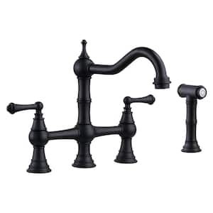 Double-Handle Bridge Kitchen Faucet with Side Sprayer in Matte Black