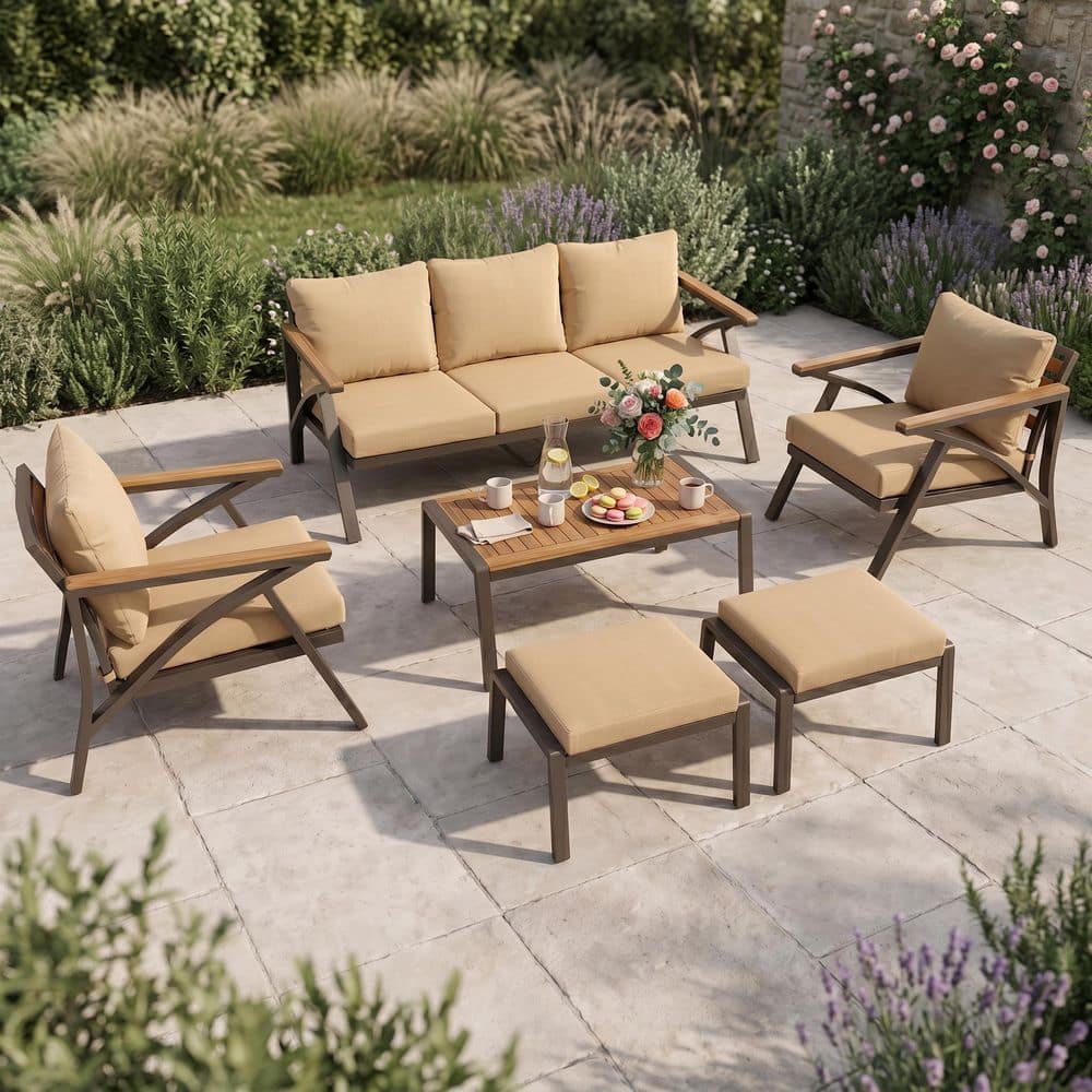 Brown 6-Piece Metal Outdoor Sectional Set, Patio Conversation Set with Brown Cushion and 2-Ottomans for Backyard Garden price history on PriceWatchPro
