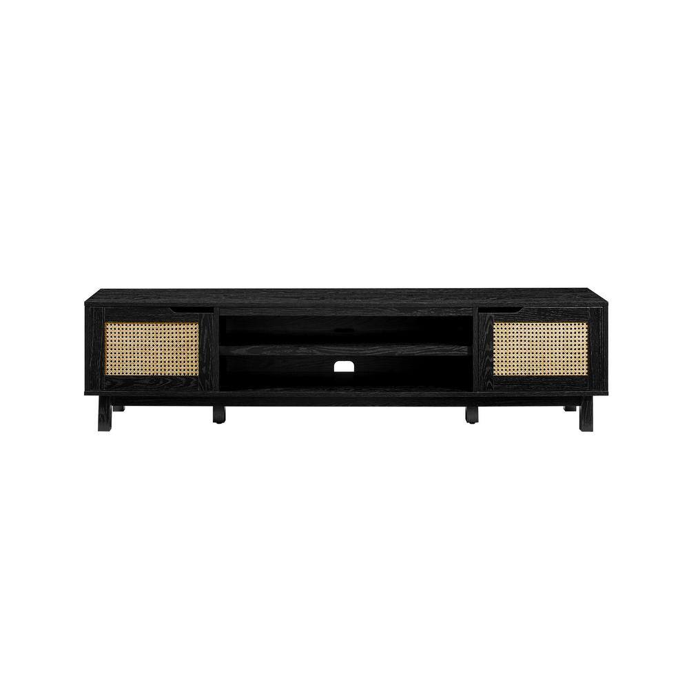 Welwick Designs 70 in. Black Wood Modern TV Stand with 2 Faux Rattan
