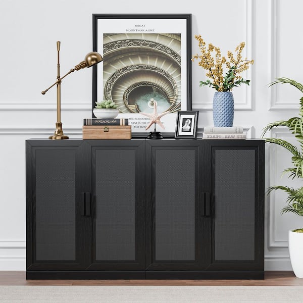 Modern Black Wood 72 in. Buffet Sideboard with Woven Doors, Storage Cabinet for Dining Room, Living Room, or Entryway