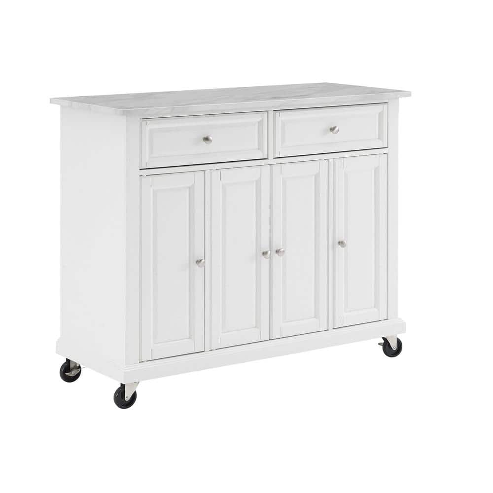 Avery Distressed White Kitchen Island Cart with Faux Marble Top