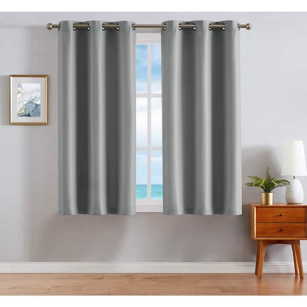 Nautica Milton Gray Thermal Woven 38 in. W x 63 in. L Grommet Room Darkening Curtain (2-Panels)