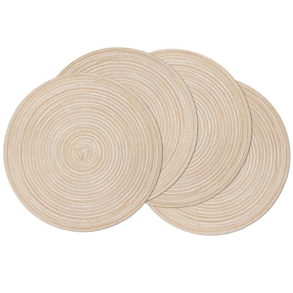Angel Sar 15 in. Round Beige Washable Cotton Braided Placemats for Kitchen Dining Table (Set of 4)