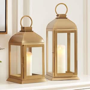 Classic Gold Metal Lantern Candle Holder - Hanging or Tabletop (Set of 2)