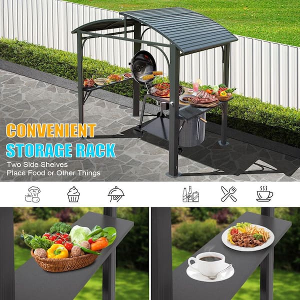 8 ft. x 5 ft. BBQ Gazebo Grill Tent Arc Roof Grill Canopy with Double Galvanized Steel Roof and 2 Side Shelves, Grey
