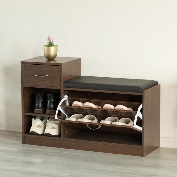 Basicwise Brown Wooden Entryway Shoe Storage Bench with Cushion