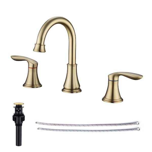 RAINLEX 8 in. Widespread Double-Handle Bathroom Faucet with Drain Assembly in Brushed Gold