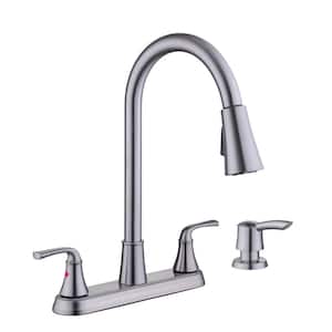 Sadira Double Handle Pulldown Sprayer Kitchen Faucet with Soap Dispenser in Stainless Steel