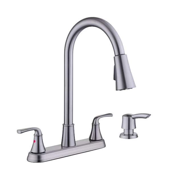 Glacier Bay Sadira Double Handle Pulldown Sprayer Kitchen Faucet with Soap Dispenser in Stainless Steel