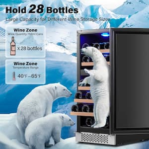 Dual Zone 15 in. 28-Bottles Built-In Wine Cooler Refrigerator 40-65°F Frost-Free w/ Safety Lock and 5 Removable Shelves