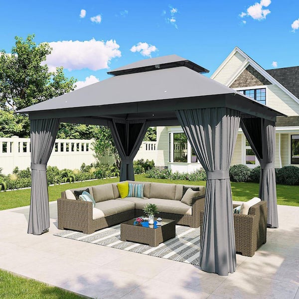12 ft. x 10 ft. Gray Outdoor Gazebo with Double Vented Soft Roof and Heavy-Duty Metal Frame for Patio Shelter