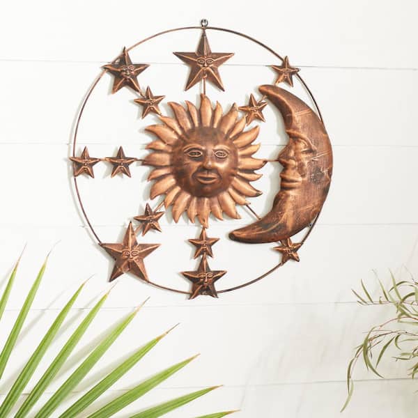 Litton Lane 21 in. x  21 in. Metal Bronze Indoor Outdoor Sun and Moon Wall Decor with Stars