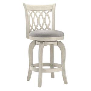 24.75 in. Antique White Finish Grey Linen Scroll Back Wood Frame Swivel Counter Stool