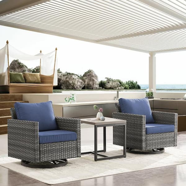 Gymojoy Valenta 3-Pcs Wicker Patio Conversation Set with Blue Cushions