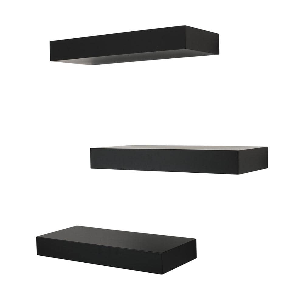 Black 3-Tier Solid Wood Floating Wall Shelves