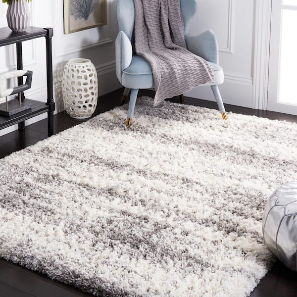 Iceland Shag 7 ft. x 7 ft. Ivory/Gray Distressed Striped Square Area Rug