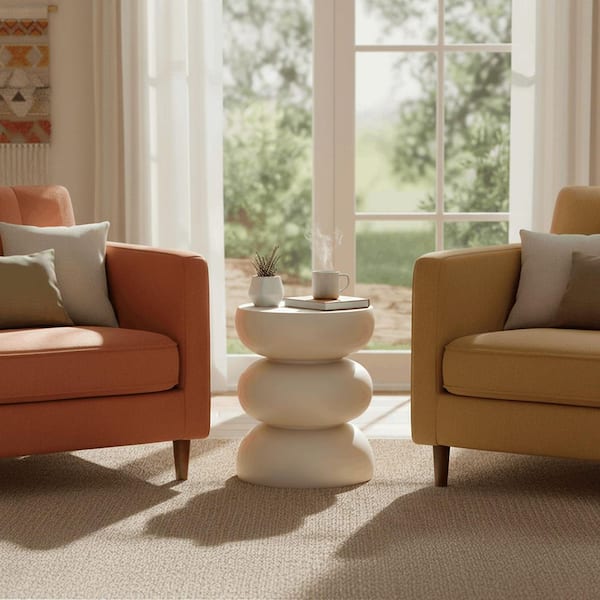 Sonia 13" Round Fiberstone Side Table with Three-Tier Design and Powder-Coated Finish Accent End Table in Beige