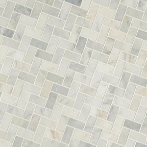 Take Home Tile Sample - Arabescato Carrara Herringbone 4 in. x 4 in. Honed Marble Mesh-Mounted Mosaic (0.25 sq. ft.)