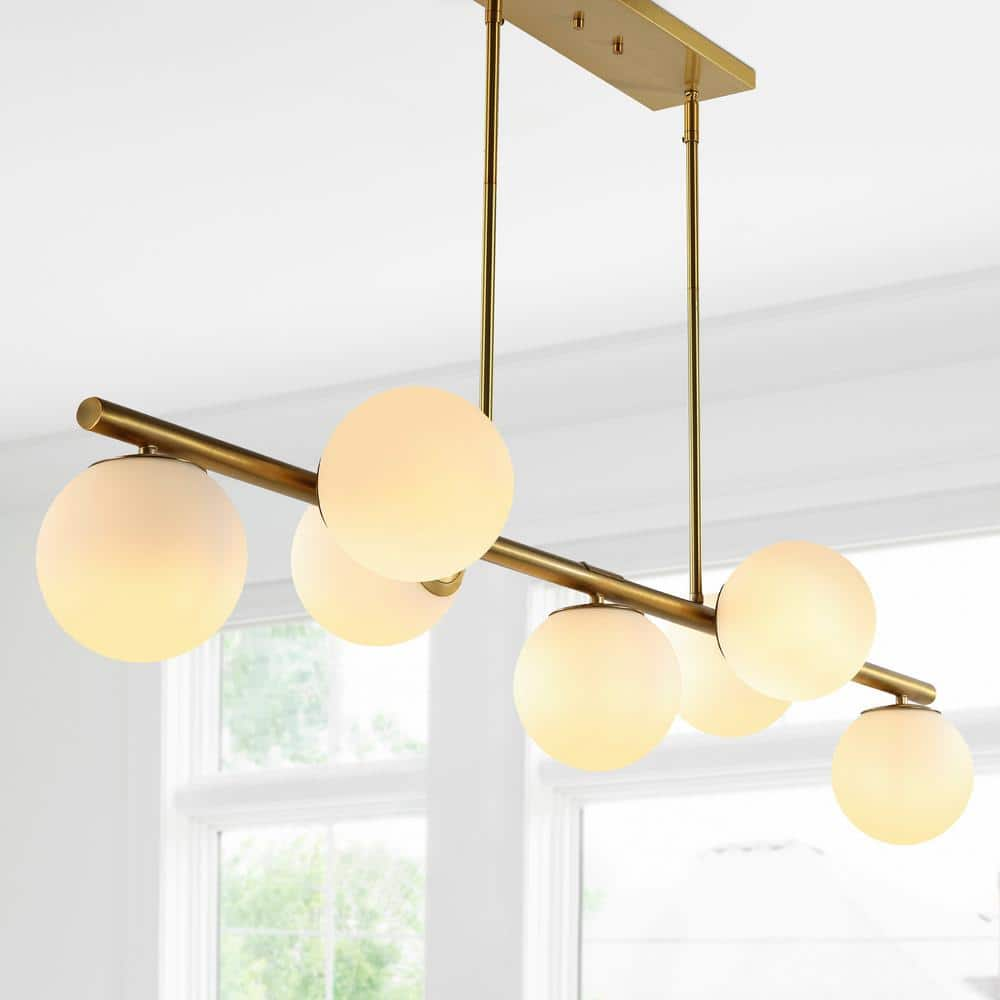 JONATHAN Y Luca Parisian 53 in. 7-Light Brass Gold/White Modern Glam Iron Globe Linear LED Pendant, Brass Gold