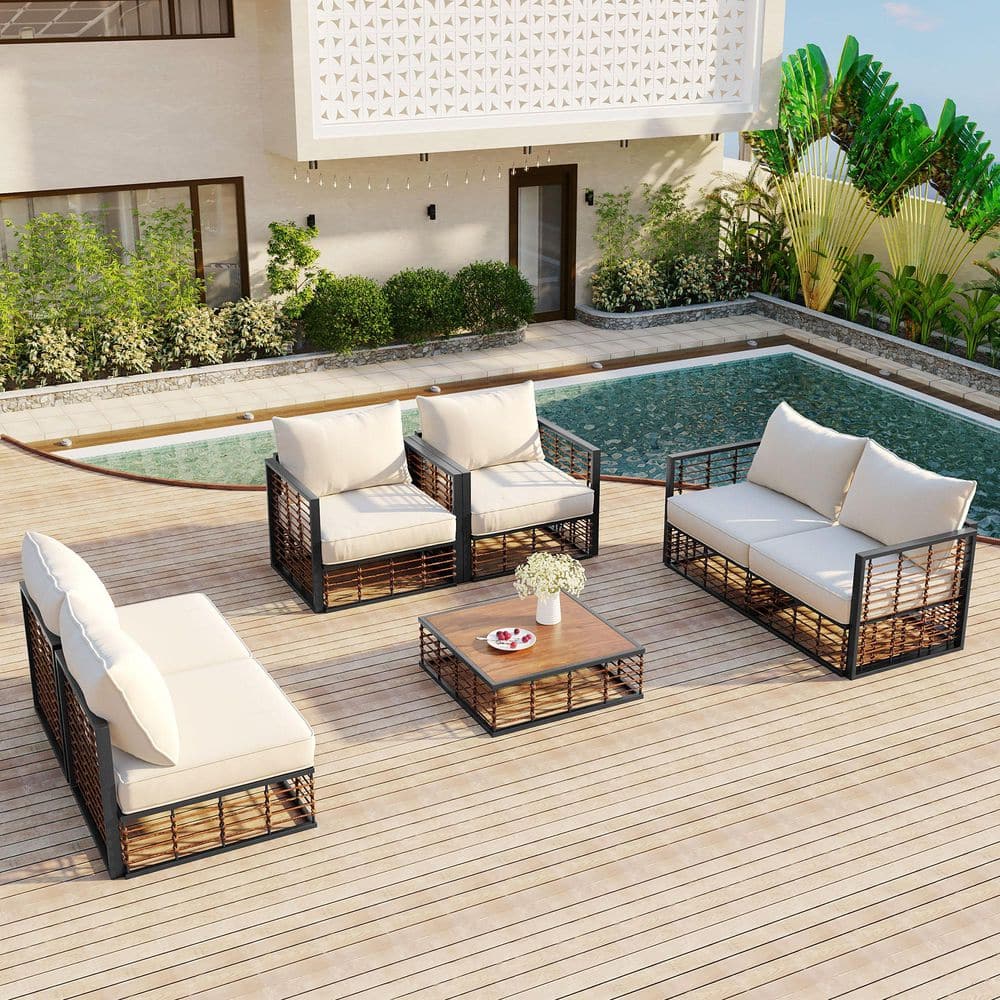 Modern 7-Piece Dark Gray Metal Patio Conversation Set with Beige Cushions and Coffee Table