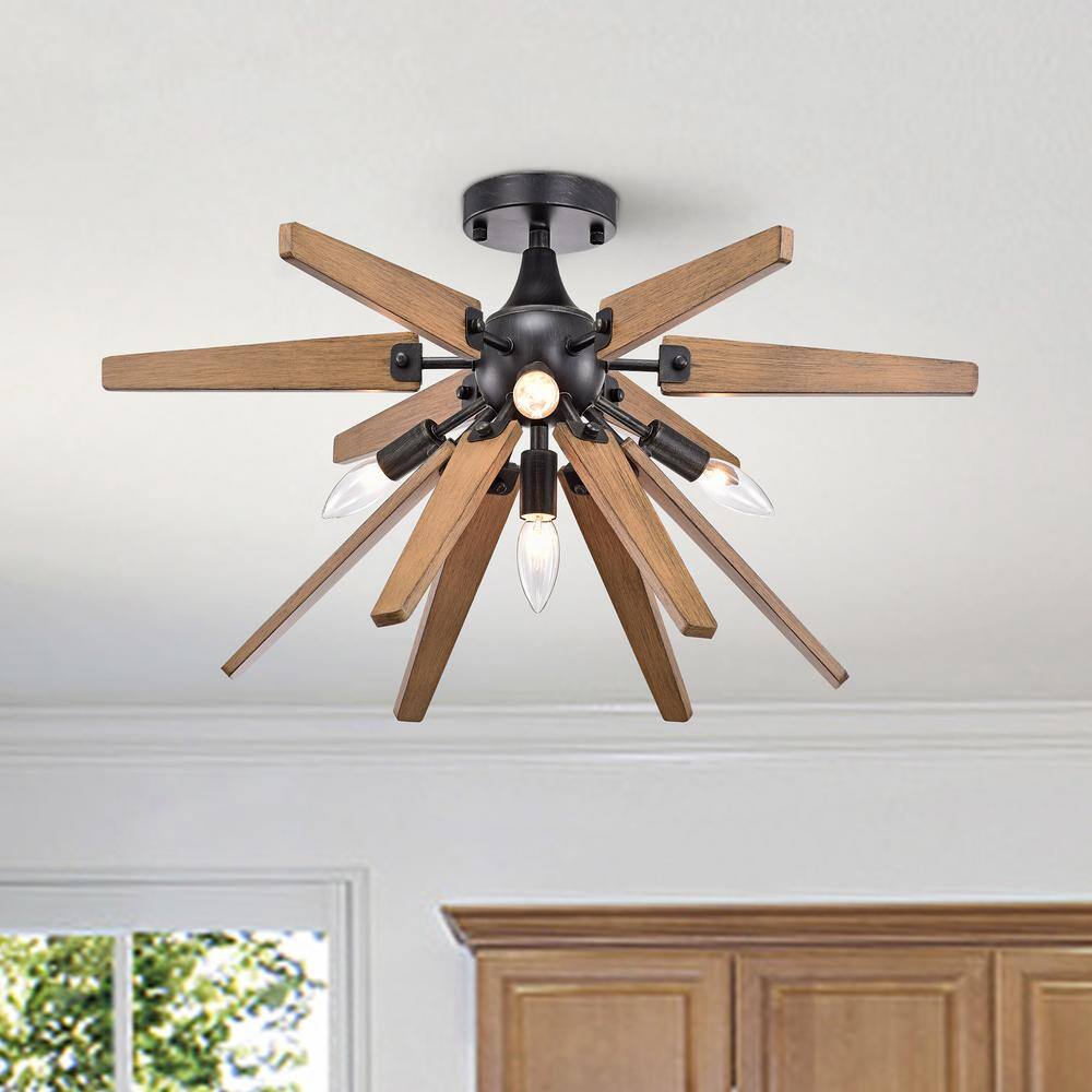 Bernice 26'' Antique Black and Natural Wood Sputnik Flush Mount