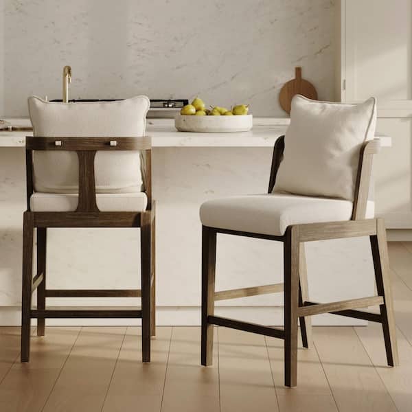 Chuck 24.9 in. H Cream Boucle/Dark Brown Low Back Solid Wood Bar Stool with Backrest Pillow (Set of 2)