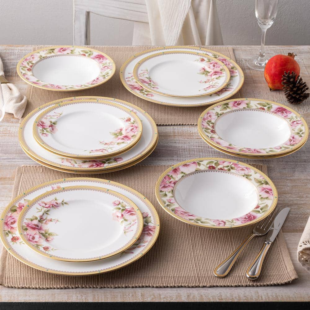 Floral Gold Trim Porcelain Entree Plates, Set of 4