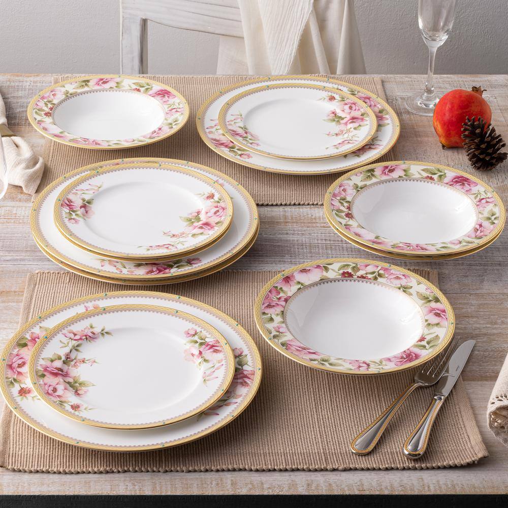 Floral Gold Trim Porcelain Entree Plates, Set of 4