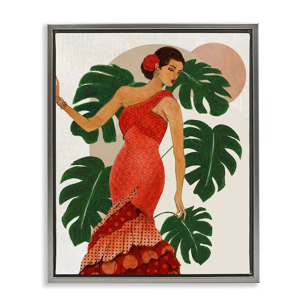 Stupell Industries Fashionable Woman with Leaves by Janet Tava Gray Floater Frame People Graphic Art Print 31 in. x 25 in.