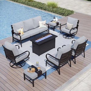 9 Seat 8-Piece Metal Outdoor Patio Conversation Set with Gray Cushions, Swivel Chairs, Rectangular Fire Pit Table