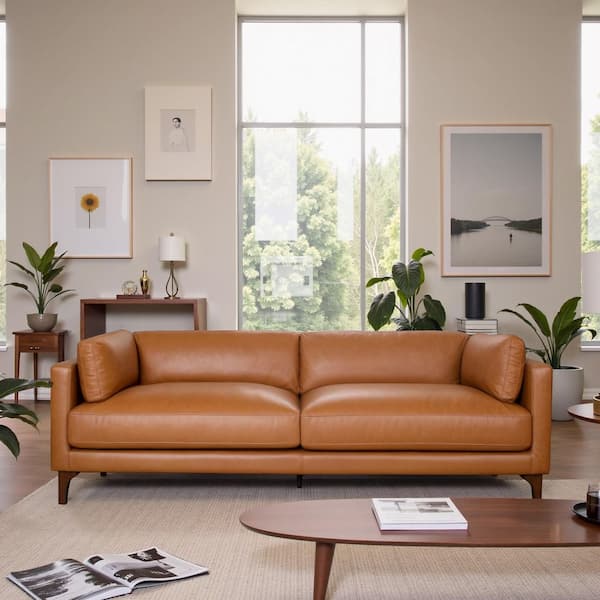 Valente 93 in. Square Arm Eco-Conscious Top-Grain Leather Rectangle Sofa in Tan