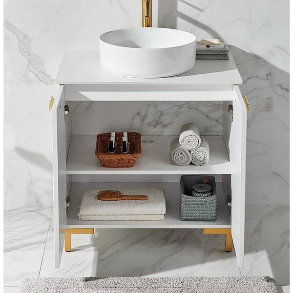 24 Modern Stylish Bathroom Vanity with Porcelain Sink and Open Shelves,White - ModernLuxe