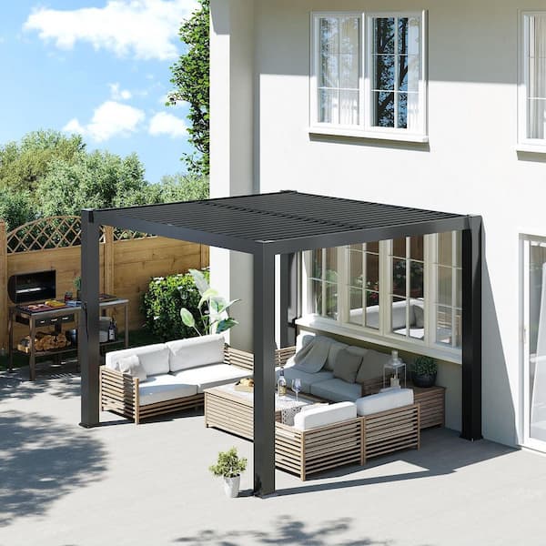 10 ft. x 10 ft. Black Adjustable Louvered Metal Pergolas with Hand Crank Roof