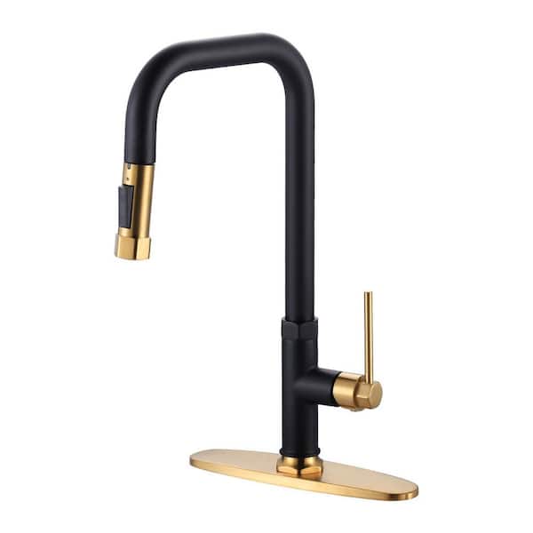 Single Handle Pull Down Sprayer Kitchen Faucet with 2-Mode Sprayer in Gold and Black