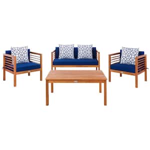 Alda Natural 4-Piece Wood Patio Conversation Set with Navy Cushions