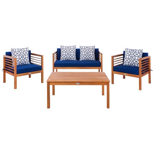 SAFAVIEH Alda Natural 4-Piece Wood Patio Conversation Set with Navy Cushions