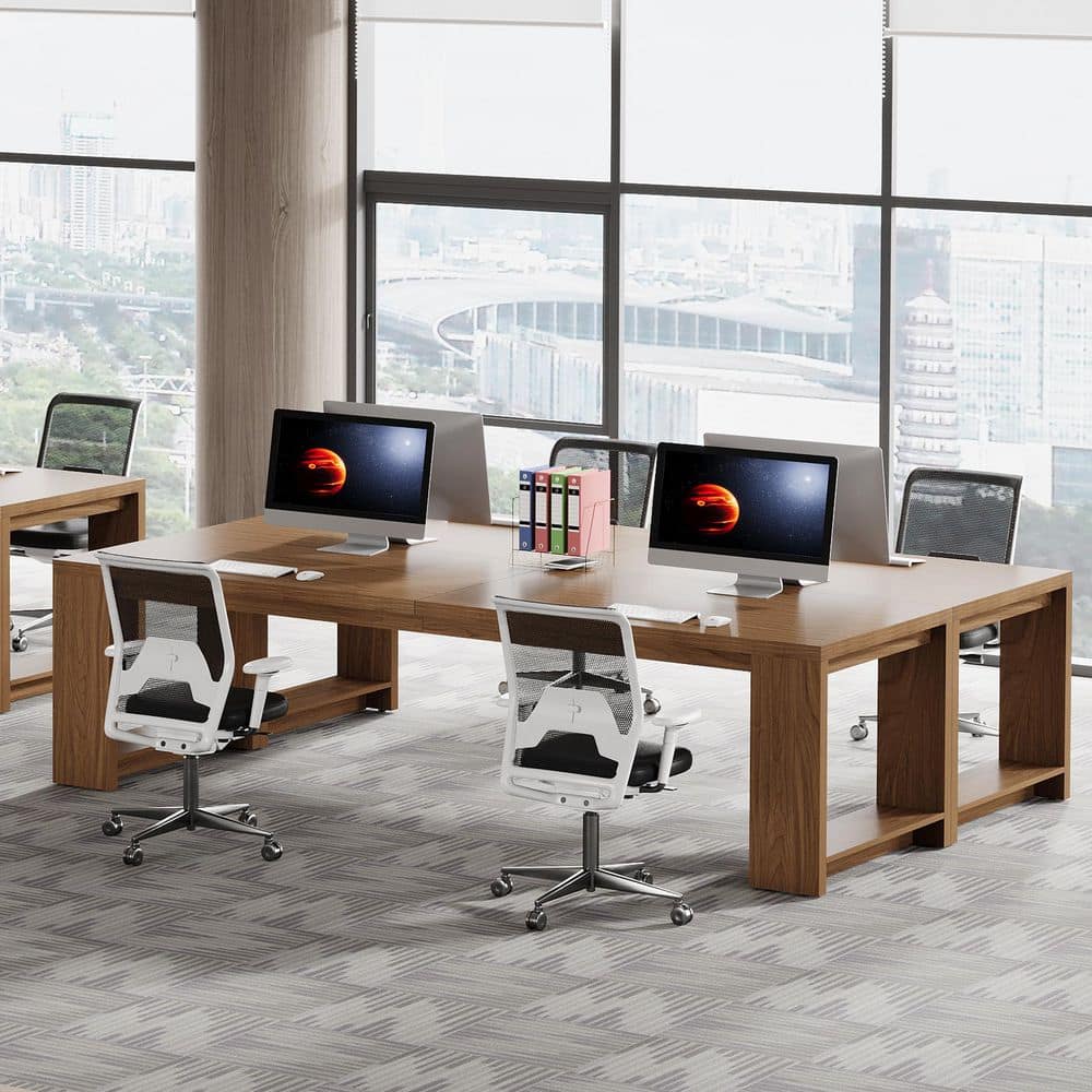 Perry 87 in. Set of 2 Rectangle Brown Double Executive Computer Desk Large Long Writing Table Study Desks 2-Piece